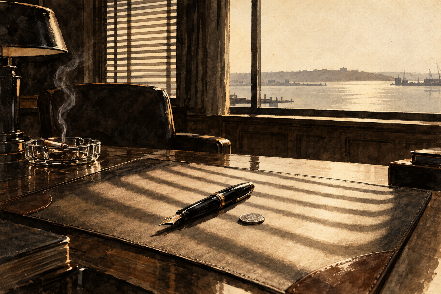 A fountain pen and a small coin on a leather desk blotter, striped by sunlight through venetian blinds, with a harbour beyond the office window.